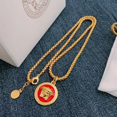 Versace Pendant Necklace Medusa Men Gold/Red Round Necklace 60cm W Adjustable • $123