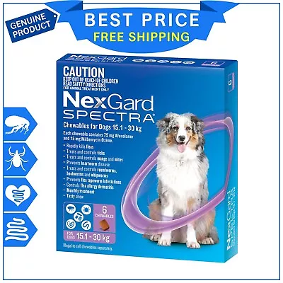 NEXGARD SPECTRA For Dogs 15.1 To 30 Kg Purple 6 Chews Heartworm Flea Control • $104.99