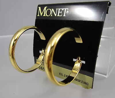 NOS Vintage 90s MONET Shiny Gold Tone 1 1/4  Hoop Clip On Earrings 72U • $9.99