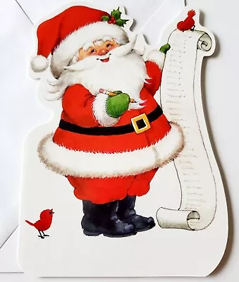 Vintage Christmas Card Cute Santa With Long List And Red Birds  • $1.95