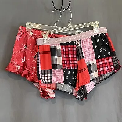 Two Victorias Secret Med Lounge Sleep Shorts Red Satin Ruffle Stars & Red Plaid • $13.96