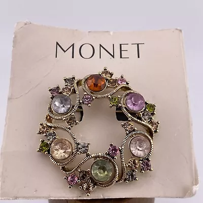 Vintage Monet Brooch Multicolored Wreath Gold Tone Pin With Original Card Signed • $24.90