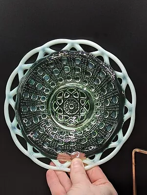 Imperial Uranium/Vaseline Glass Plate Cane & Button Pattern Open Lace Edge 7  • $32.99