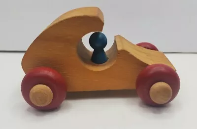 Montgomery Schoolhouse Toy Wood Car Red Wheels Blue Driver Vtg Vermont Play • $8.26