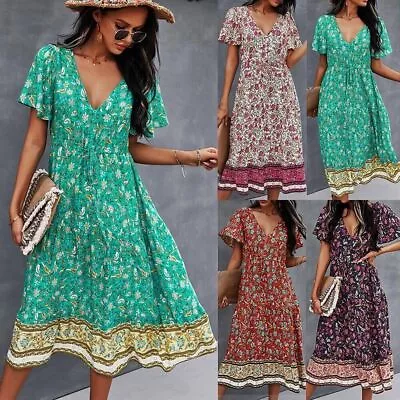 £3.19 • Buy Women Boho Floral Beach Summer Midi Dress Ladies V Neck Short Sleeve Sundress 14
