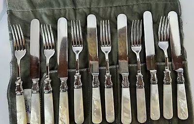 Landers Frary & Clark Mother Of Pearl Sterling Collar Flatware Dessert Set 12 Pc • $125