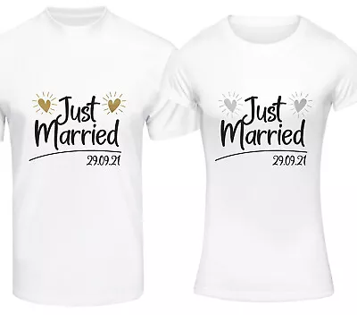 Personalised Just Married T-Shirt Set Hearts His And Hers Date Tshirts Couples • £18.99