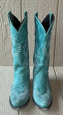 Lane Leather Floral Lace Turquoise Western Calf Length Cowboy Boots Size 10 • $199.99