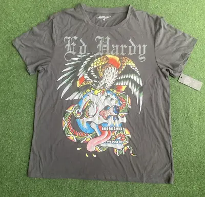 Size XL Ed Hardy T-Shirt Graphic Tattoo Black Eagle Skull Snake Y2K Gray Mens XL • $25.58