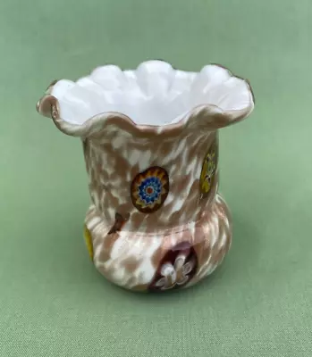 Italian Murano Millefiori Glass Mini Vase Cased With Gold Flecks Ruffled Rim • $89.75