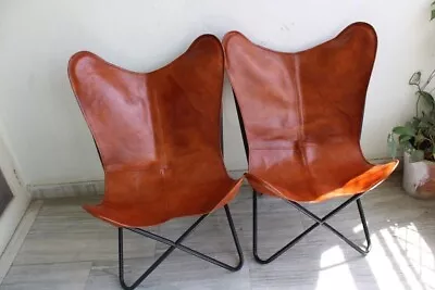 Leather Butterfly Chair Set Of 2 Premium Vintage Leather Living Room Lounge • $260.33