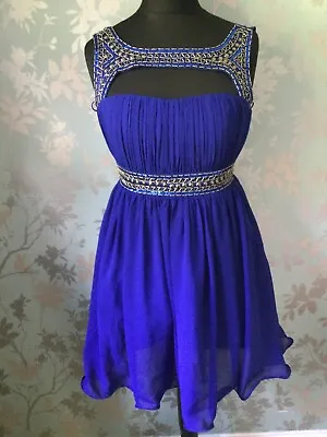 Cotton Club Royal Blue Sheer Overlay Fit & Flare Dress Size 10 Bead Detail VGC • £5.99