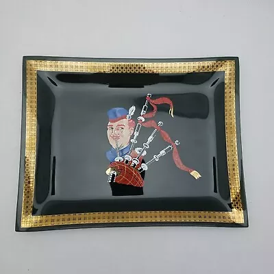 Vintage Smoked Glass & Gold Trinket Tray Souvenir MCM Bagpipes Scottish Highland • $19.99