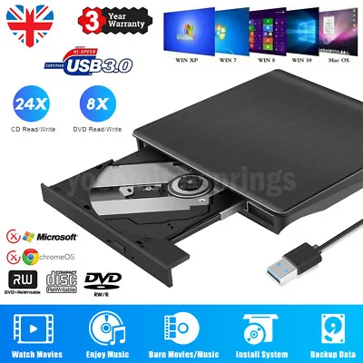 £14.99 • Buy External CD/DVD Drive USB 3.0 ROM Disc Player Burner Reader For Laptop PC Mac