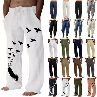 Mens Cotton Linen Wide Leg Harem Pants Loose Fit Summer Casual Baggy Trousers UK • £12.79