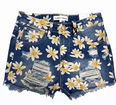 Almost Famous Mom Distressed Sunflower Junior Jean Shorts Size 1 • $18