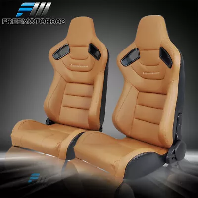 Adjustable Universal Racing Seat Brown PU & Carbon Leather Pair & 2 Dual Sliders • $349.99