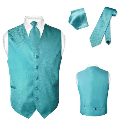 Men's Dress VEST NeckTie For Suit Tux TURQUOISE BLUE Color PAISLEY Tie Hanky Set • $27.95