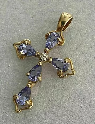 3.00 Ct Pear Cut Blue Tanzanite Cross Pendant Free Chain 14K Yellow Gold Finish • $116.49