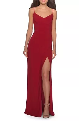 La Femme Deep Red Ruched Cut Out Back Jersey Trumpet Gown Size 10 Orig $288 • $89.98