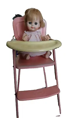 AMSCO DOLL E HI-CHAIR Vintage PINK Doll High Chair 1950s Metal 25  + Doll • $49