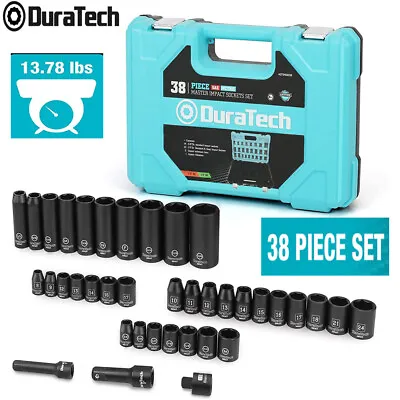 DURATECH 38 Piece Drive Impact Socket Set 1/2  & 3/8  Metric/SAE Shallow Sockets • $46.99