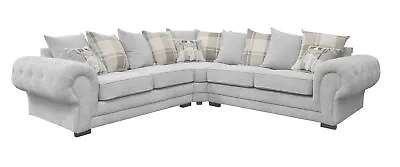Chesterfield Corner Sofa Suite Verona Light Grey Velour Fabric 3+2 Seater • £769