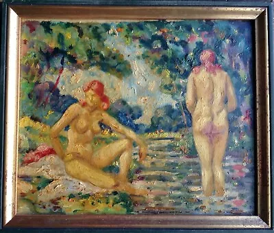 1910's French Pointillism Georges D'ESPAGNAT BATHERS IN THE RIVER Oil Painting • $950