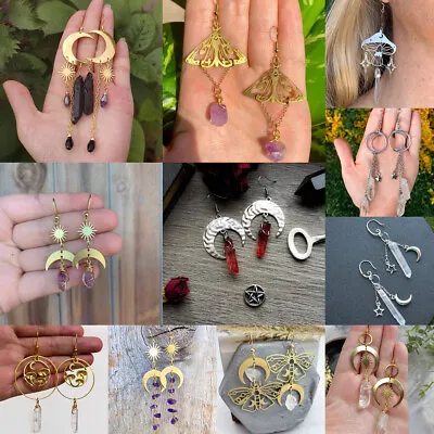 $3.21 • Buy Quartz Natural Crystal Earrings Gothic Crescent Sun Moon Star Ear Witchy Jewelry