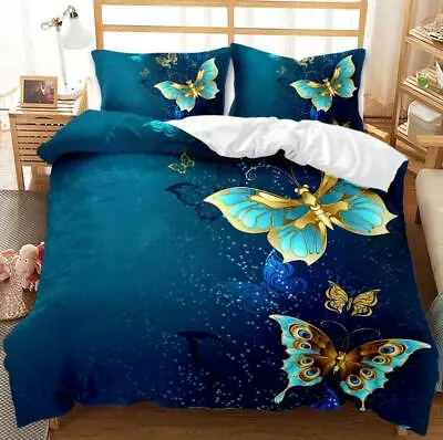 3D Blue Butterfly Bedding Set Doona Duvet Cover PillowCase Queen  • $19.35