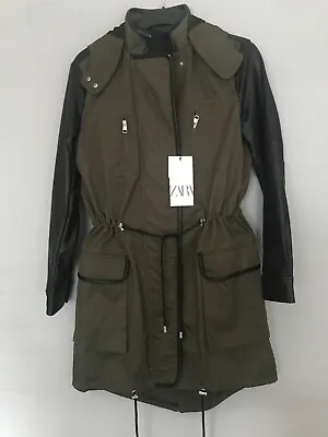$48.78 • Buy Bnwt Zara Khaki Combination Parka With Faux Leather Sleeves Size S