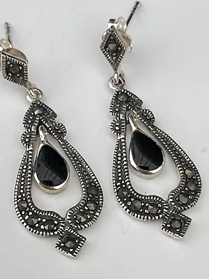 925 Sterling Silver Marcasite Black Onyx Drop Dangle Earrings Length 3.4cm • £17