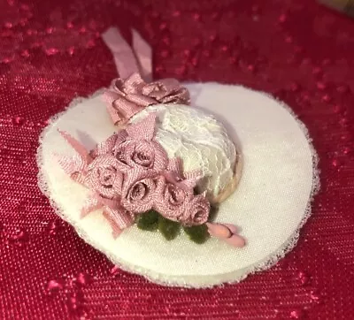 Artisan Made Dollhouse Miniature Lady’s Ornate Hat Cream Mauve Flowers Lace • $39.99