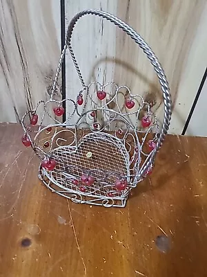 ✅Vintage Heart Shape Twisted Wire Basket With Red Plastic Hearts And Beads • $10.10