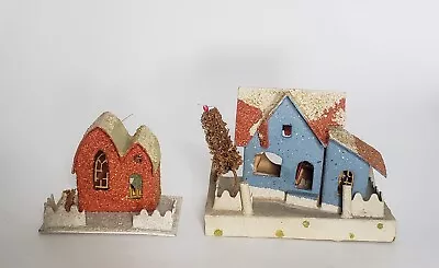 Vintage PUTZ Japan Lot 2 Glitter Cardboard Paper Mache Christmas Houses Blue Red • $39.95