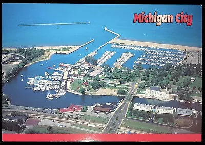 Postcard Michigan City Indiana Aerial View Lake Michigan Beach Boats Marina • $4.99