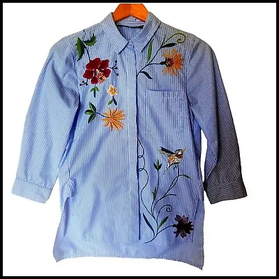 $28.49 • Buy Zara Embroidered Button Up Shirt Blue White Stripe Floral Bird XS