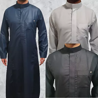 Mens Thobe Jubba Stand Collar Islamic Clothing Cotton Kaftan Robe Saudi • £29.99