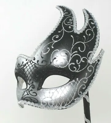 £12.99 • Buy Ladies Hand Held Black And Silver Venetian Masquerade Ball Party Mask On Stick