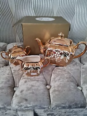 Vintage 1950s Harliquine Gold Sadler 3 Piece Teapot Set Sugar Creamer • £23.99