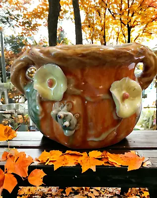 Vintage Pumpkin With Green Frog Planter/Vase Majolica Style Signed • $32.99