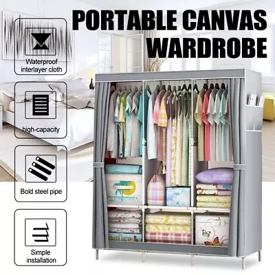 Triple Large Canvas Wardrobe Hanging Rail Shelving Clothes Extra Storag Cupboard • £19.99