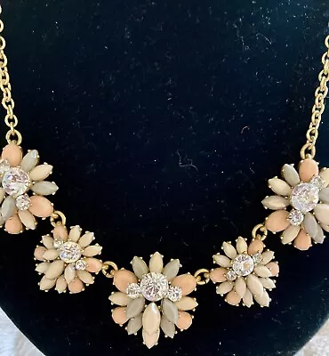 J Crew Cluster Necklace OffWhite Soft Gray Peach Rhinestones 18” AntiqueGoldtone • $18