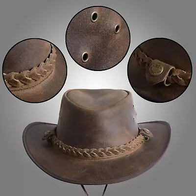 £24.97 • Buy Leather Aussie Style Cowboy  Outback Antique Hat In Vintage   Tan Brown