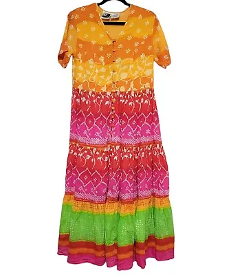 Vintage PHOOL Indian Cotton Gauze Tie Dye Maxi Tier Dress Boho Colorful S Small • $69.99