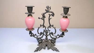 Ornate Vintage Wrought Iron Metal Candelabra Candle Holder W Pink Glass • $65