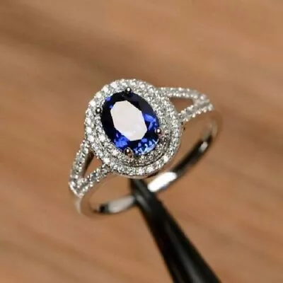 3.50 CT Lab-Created Oval Blue Sapphire And Diamond Ring 14k White Gold Finish • $267.65