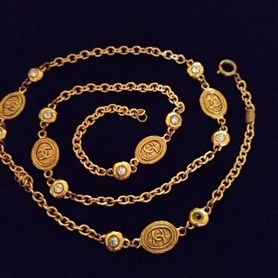 CHANEL Necklace Chain AUTH Coco Vintage Rare Pendant Choker Gold Coin Rhinestone • $1911.39