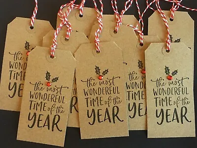 £2.45 • Buy 10 Large Kraft Embellished Most Wonderful Time Christmas Gift Tags With Ties