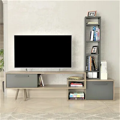 Kayrana Manzara Anthracite & Walnut Colour TV Unit Stand With Shelves • £139.99